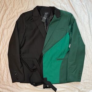 Boohoo Man Slim Panel Wrap Suit Jacket Black and Green Colorblock NWT